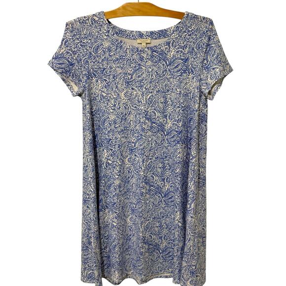 Talbots Outet | Dress Knee Length Paisley Print Blue Short Sleeve- Medium Petite - Picture 1 of 7